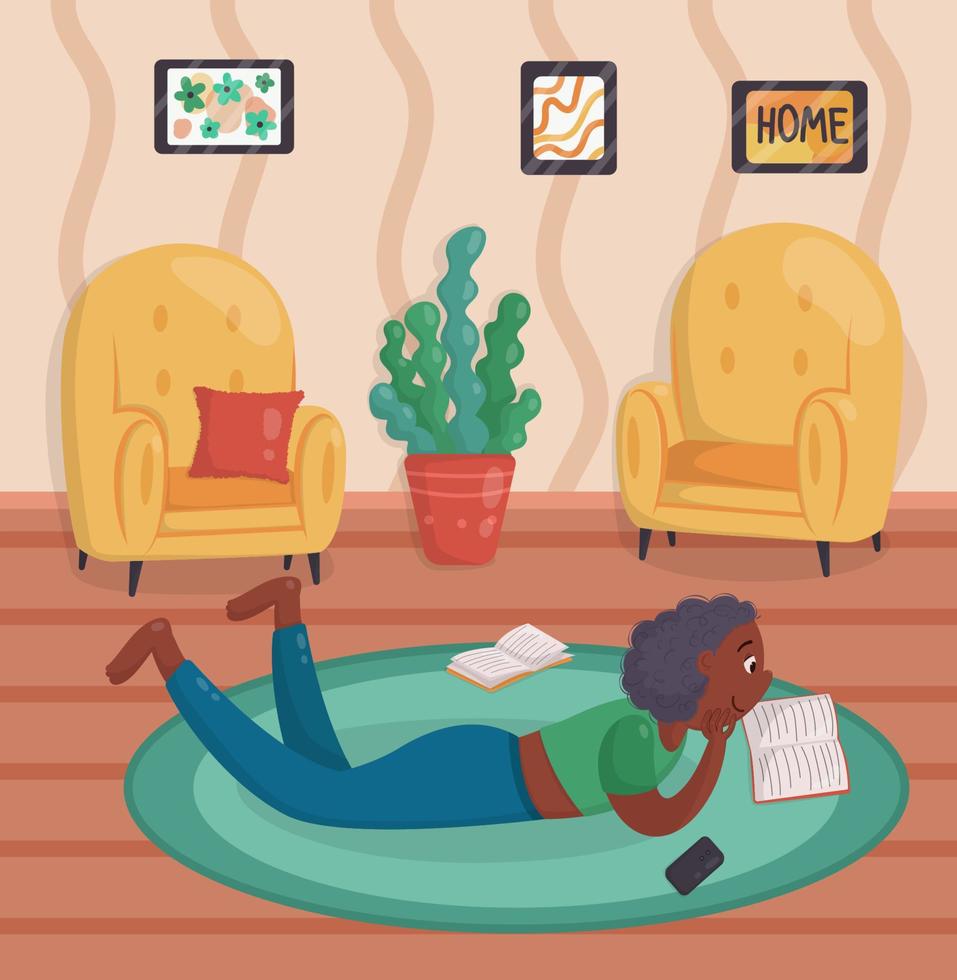 The girl lies on the floor in the living room and reads a book vector