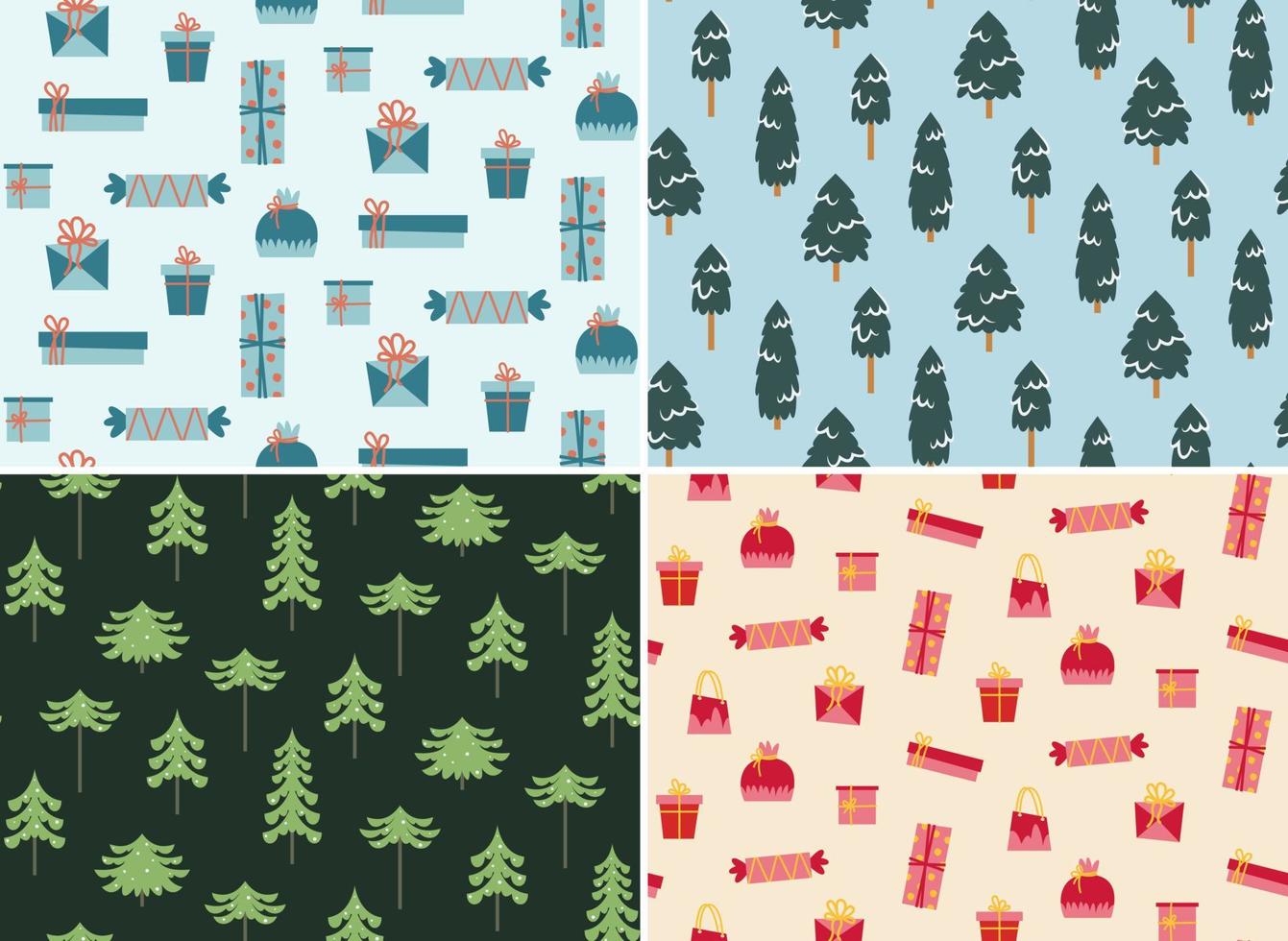 Set of Christmas seamless patterns. Textures with spruces and gifts in flat style. vector