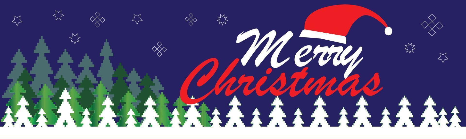 Merry Christmas horizontal web banner with Christmas Tree and snowflakes on Deep Blue background, Chrismas greeting banner, headers, posters, cards, website. Web banner, Vector illustration.