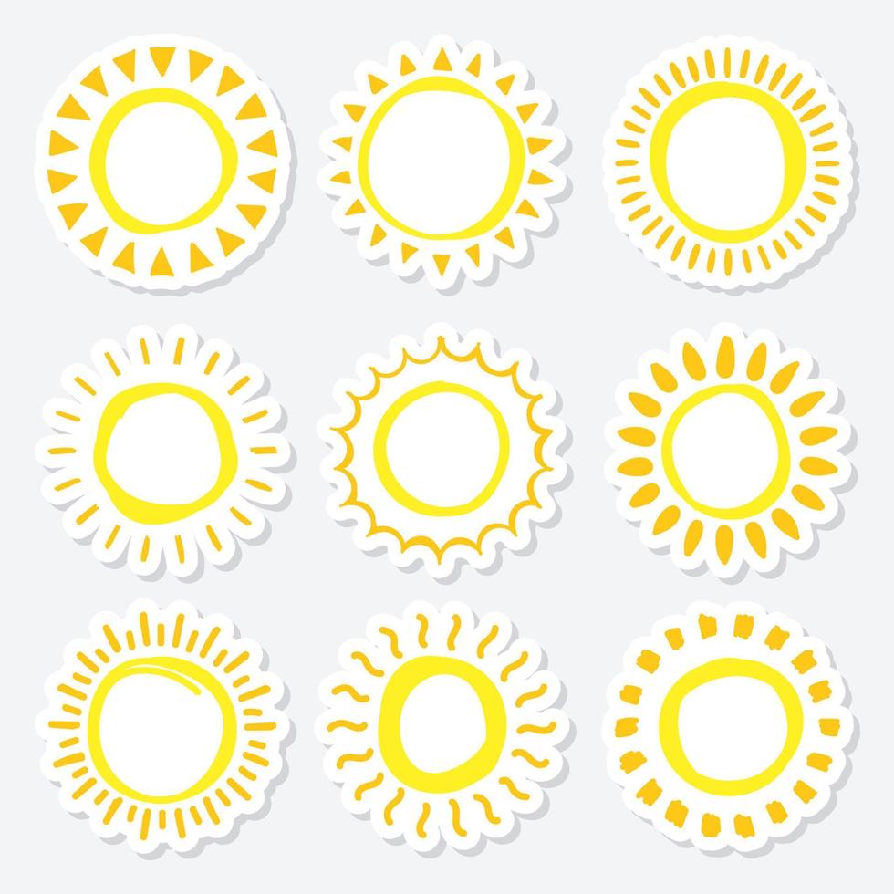 Set of doodle suns sketch, hand drawn style vector