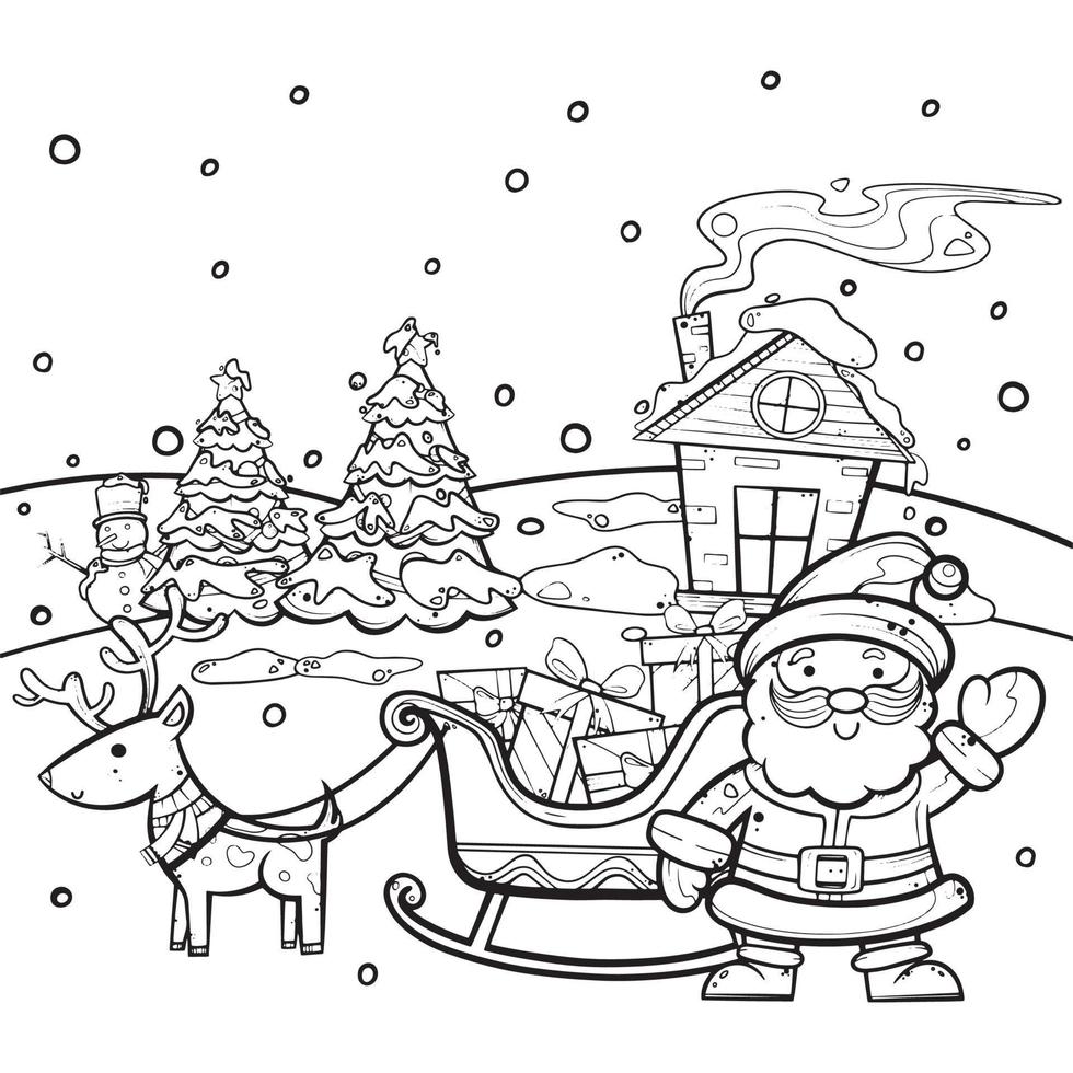 Santa and his sleigh stand in front of the hut. There is a snowman, a pine tree covered with snow. There is a cuteness. A coloring book for children. vector