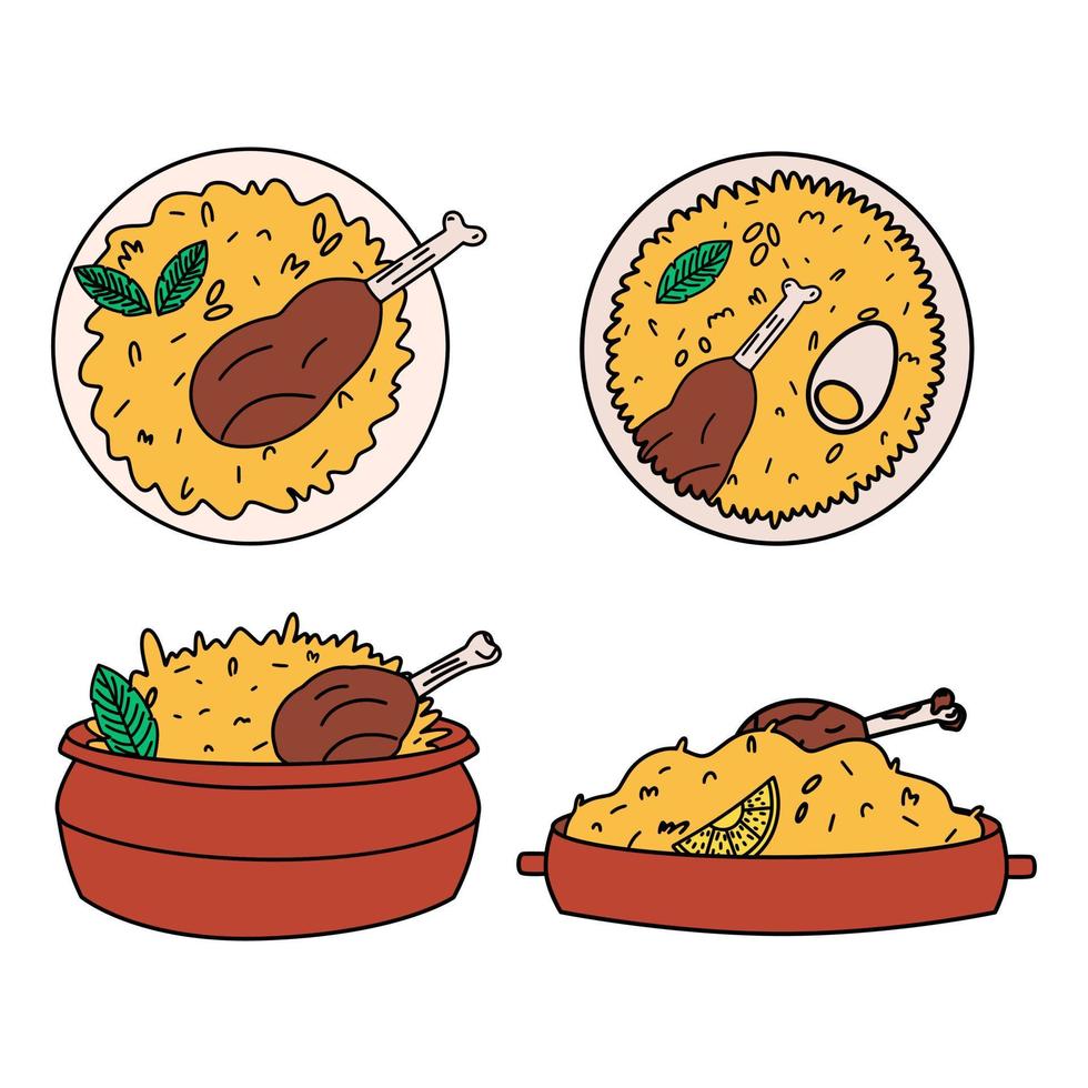 conjunto de iconos de biryani de pollo. un plato de la cocina india y árabe. ilustración vectorial en estilo plano vector