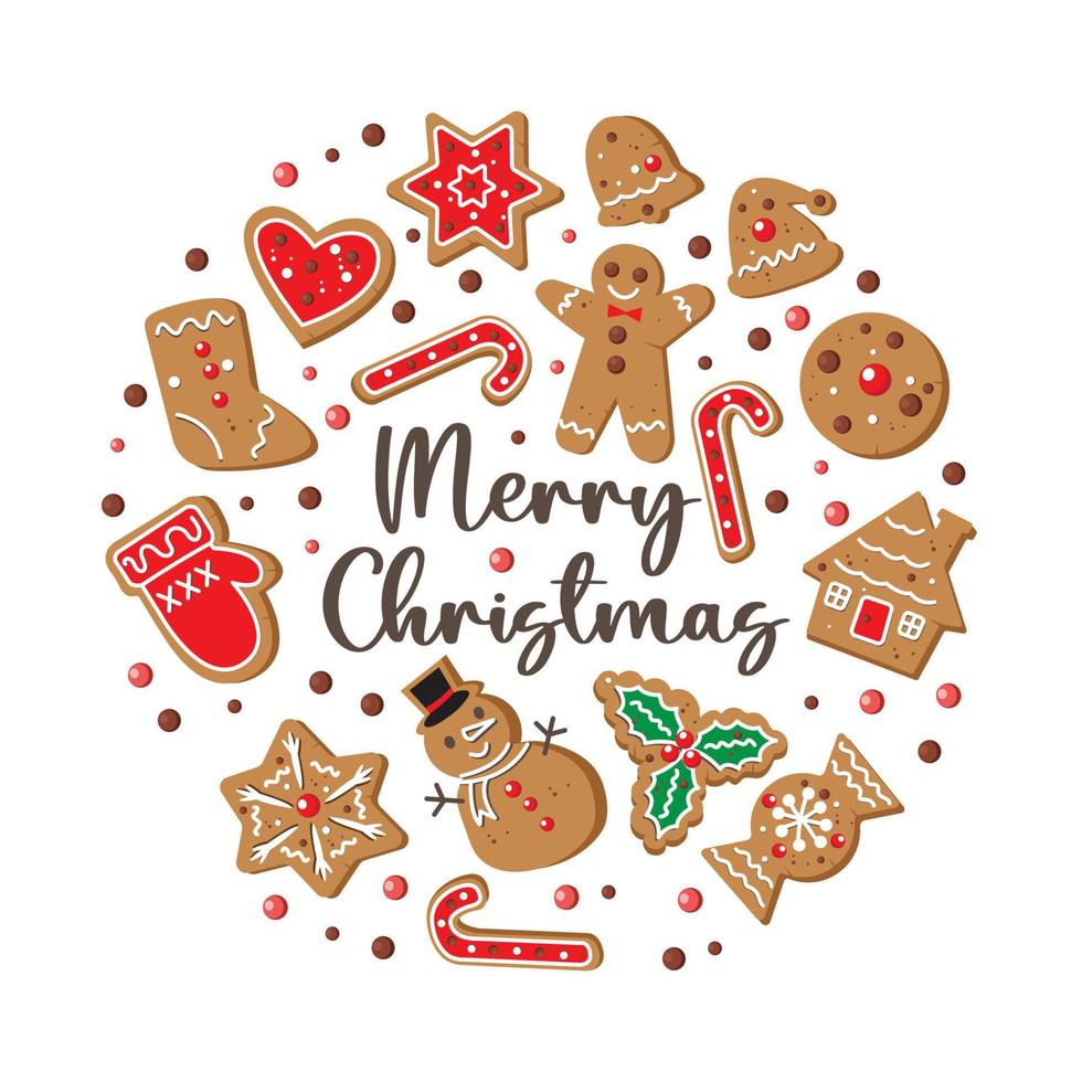 Lindo pan de jengibre galletas de Navidad decoración redonda ilustración vectorial vector