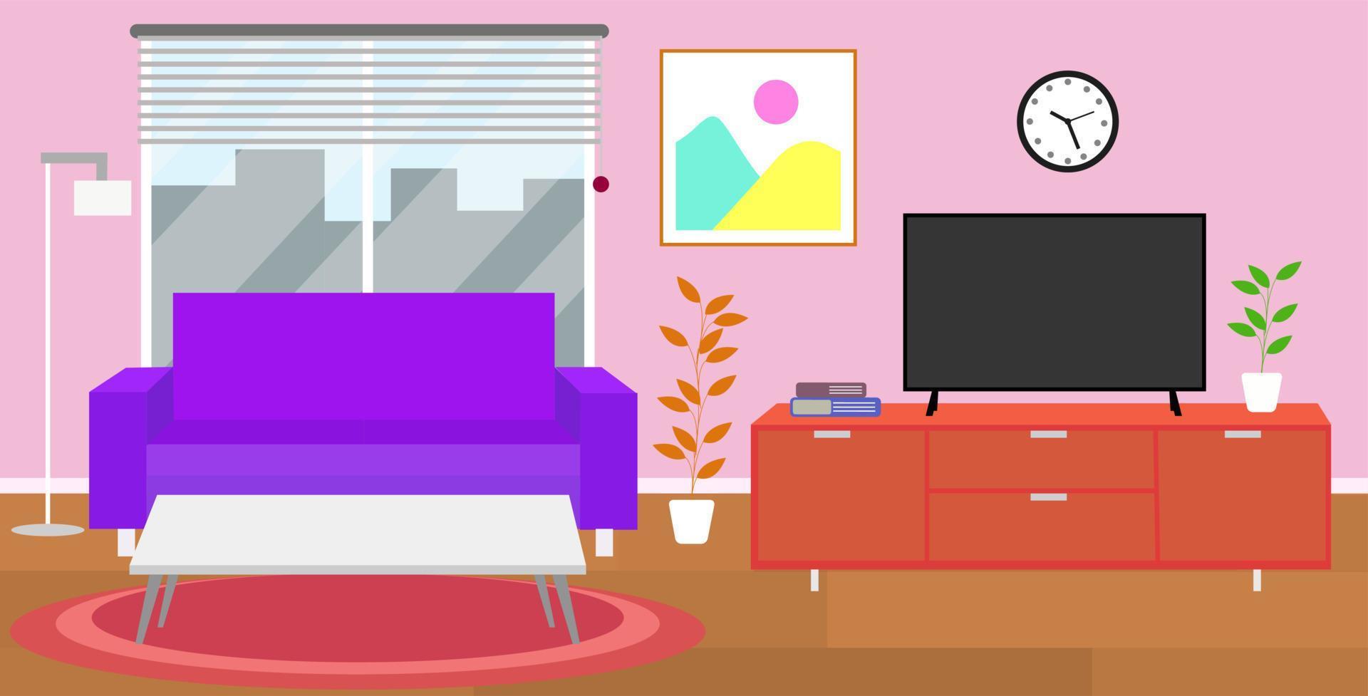 Living room with sofa and televison flat illustration vector