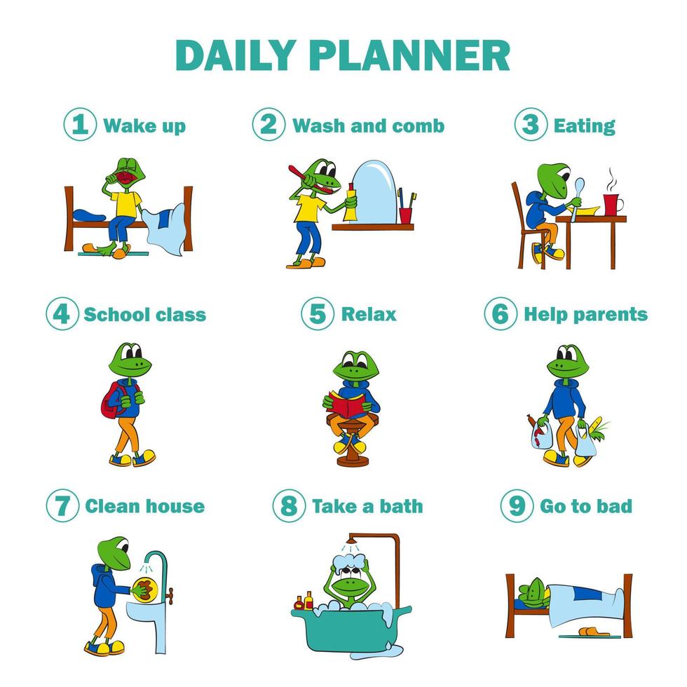 Daily routine of baby. Way of life of schoolboy. Baby frog performing various tasks during the day. Bright vector illustration.