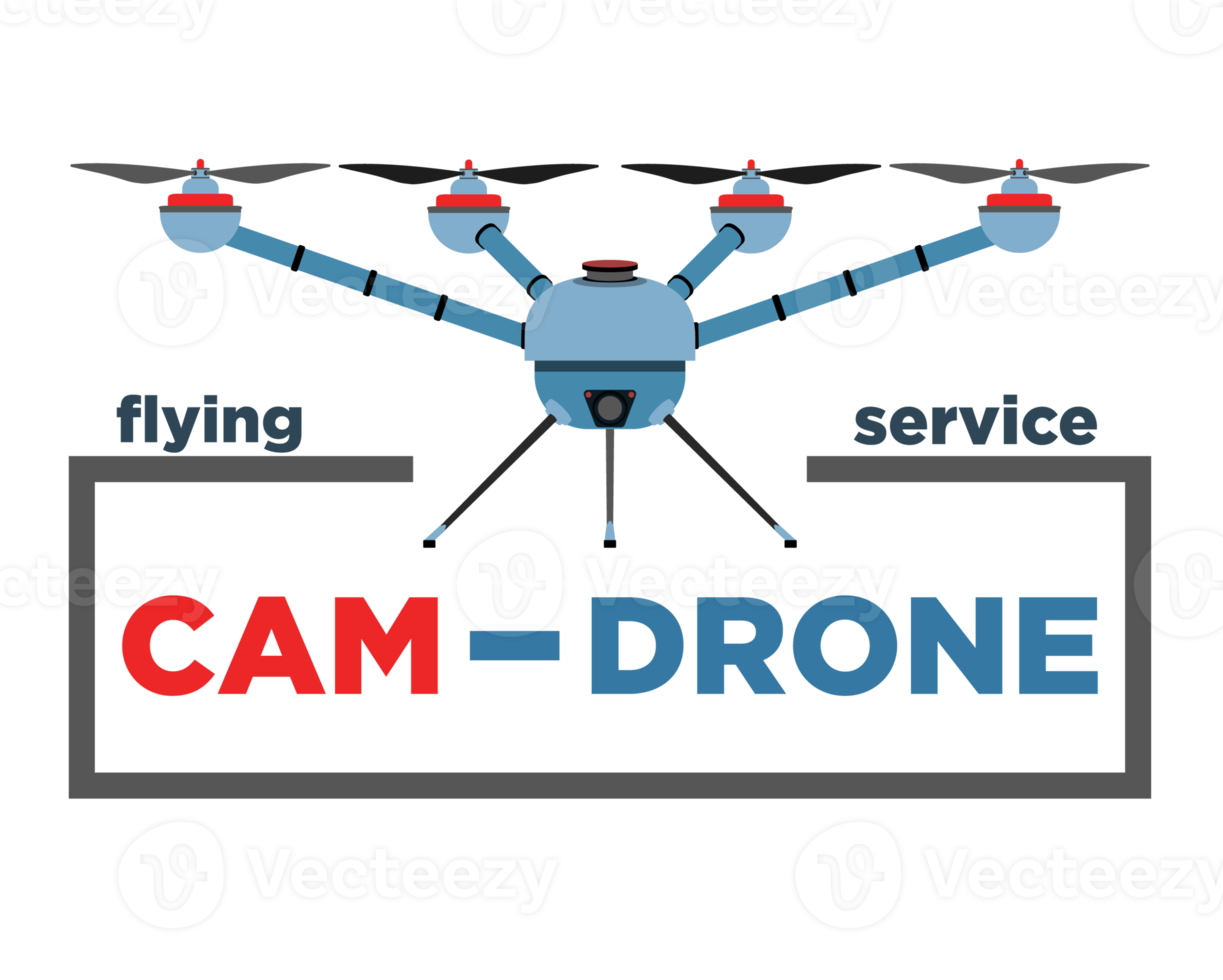 Quadcopter Logo in realistic style. Blue Drone with camera. Colorful PNG illustration.