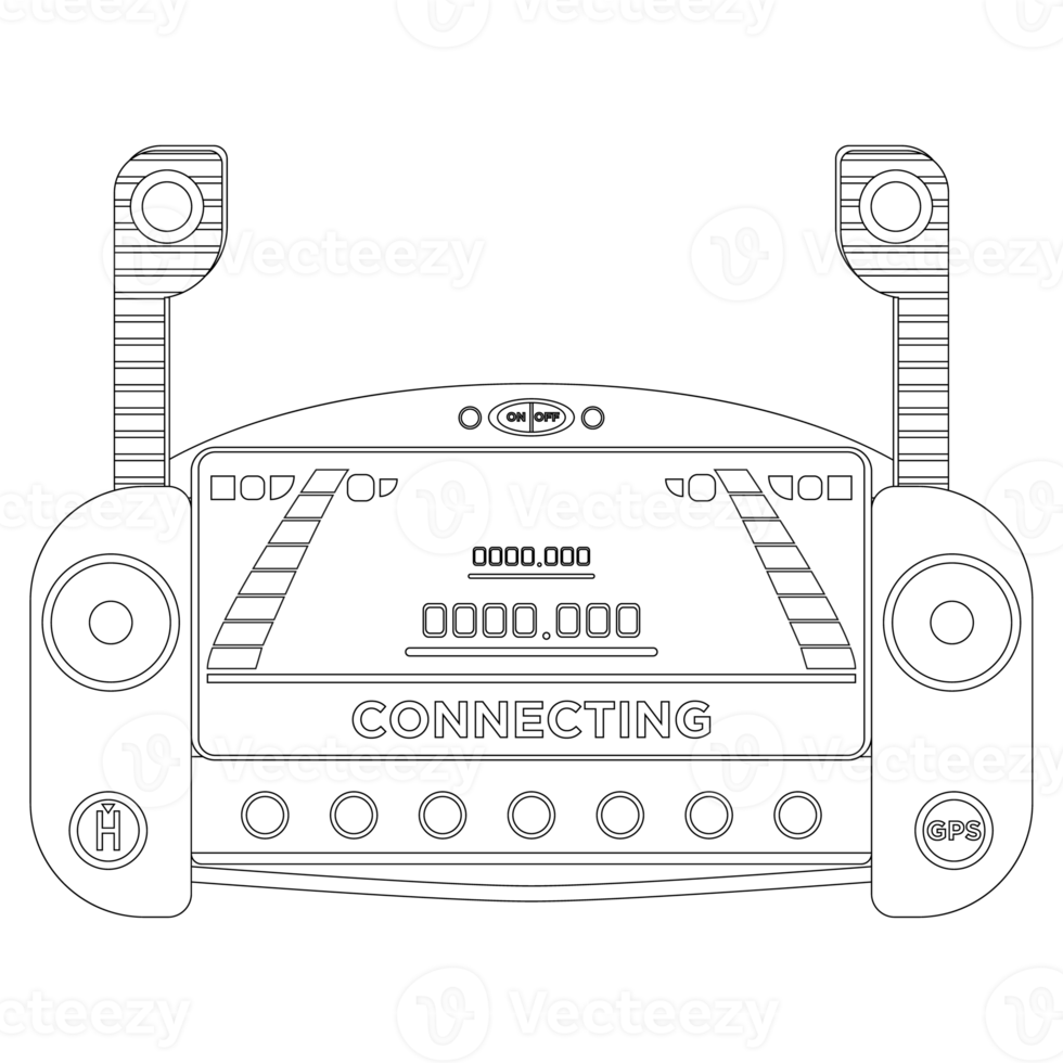 Quadcopter remote controller Coloring book. Blue Drone with camera. Colorful PNG illustration.