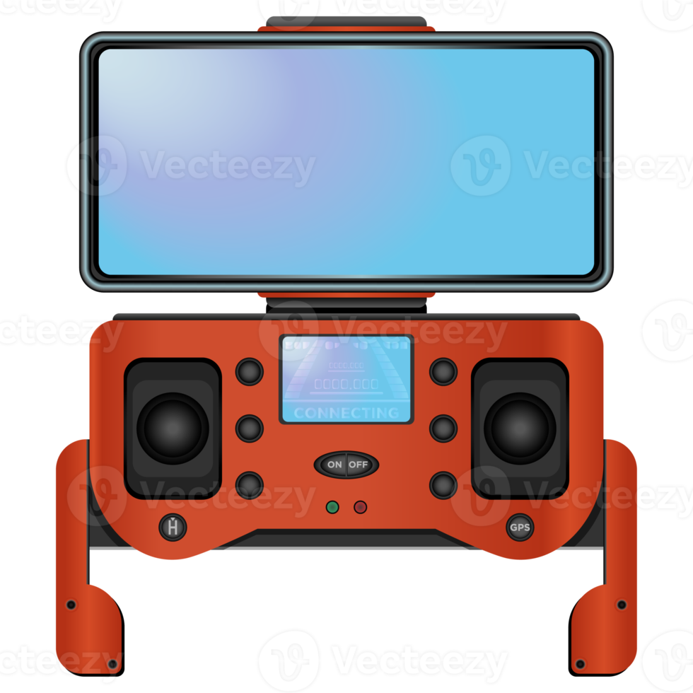 Drone remote controller in realistic style. Quadcopter with camera. Colorful PNG illustration.