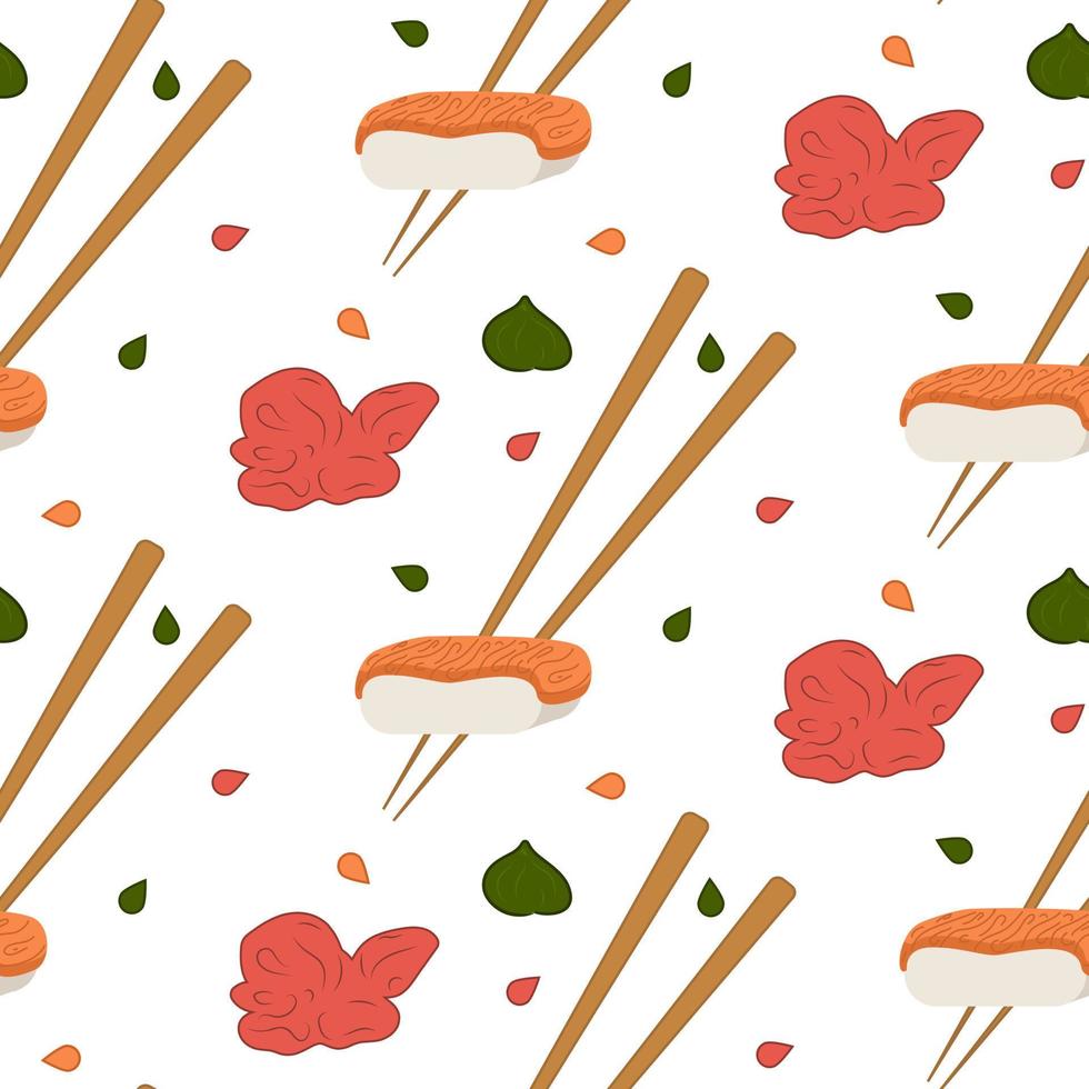 Seamless pattern Sushi salmon, ginger, chopstick. Chinese eat. Asian food. Vector illustration.