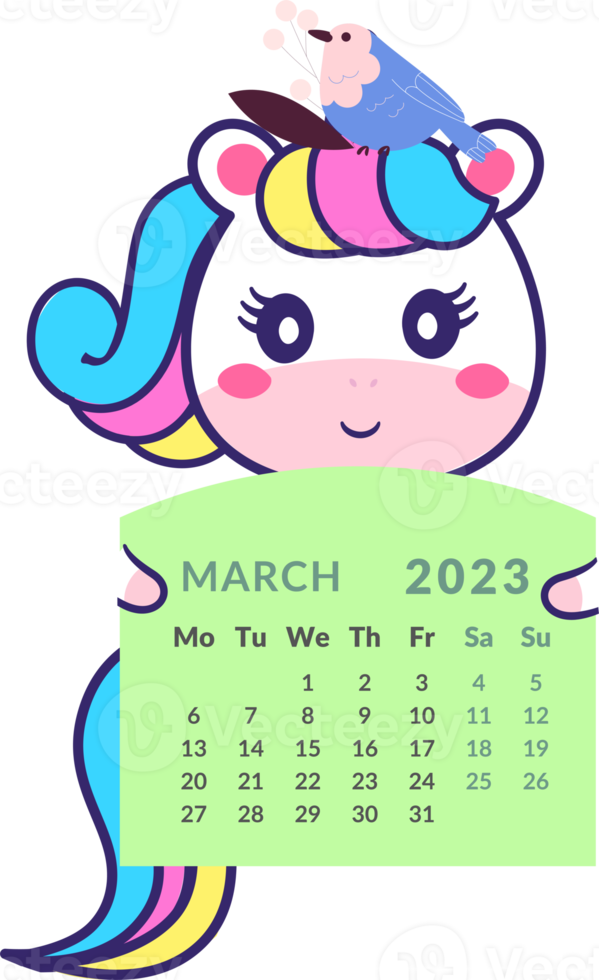 Unicorn with calendar month March. png