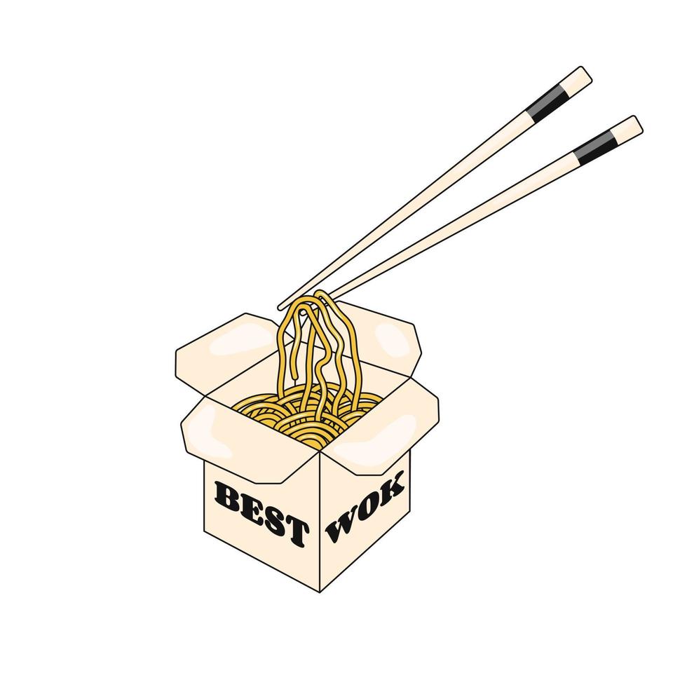 comer fideos con caja de palillos con la mejor comida para llevar al wok vector