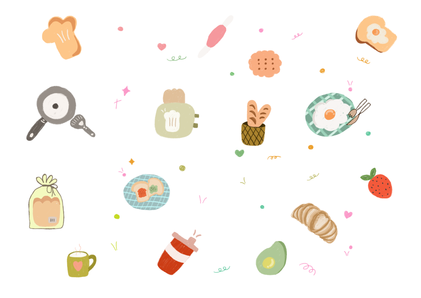 Hand drawn breakfast design with bread, eggs, avocado png