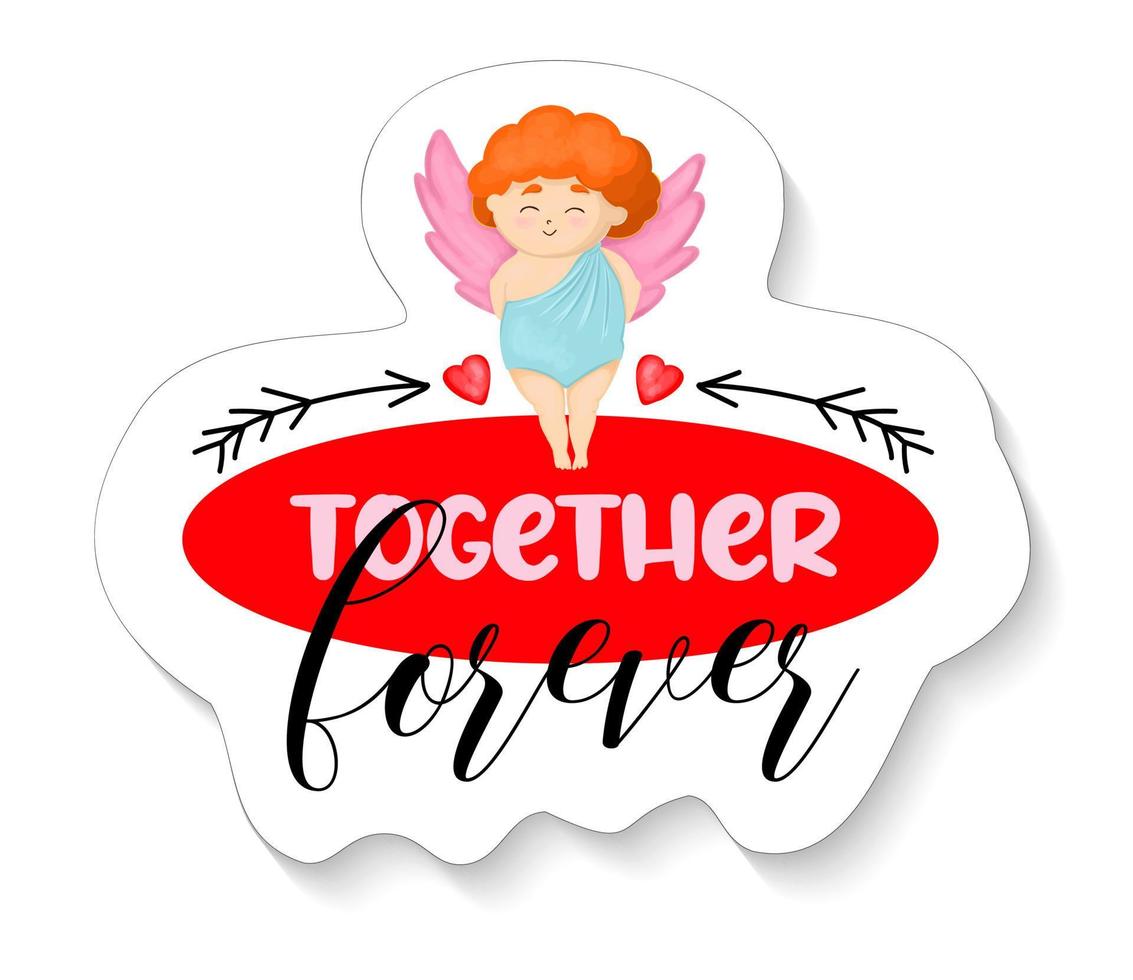 Amur mascot in a sticker. Cupid angel. Valentine's Day sticker. Vector illustration.