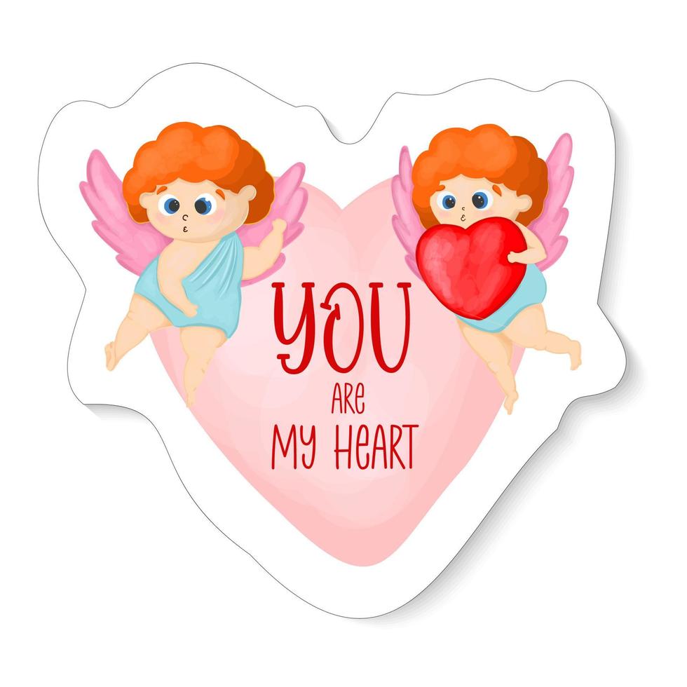 Amur mascot in a sticker. Cupid angel. Valentine's Day sticker. Vector illustration.