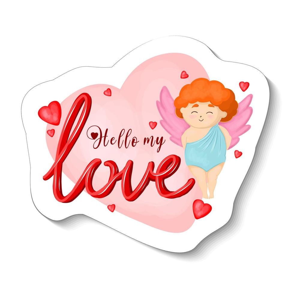 Amur mascot in a sticker. Cupid angel. Valentine's Day sticker. Vector illustration.