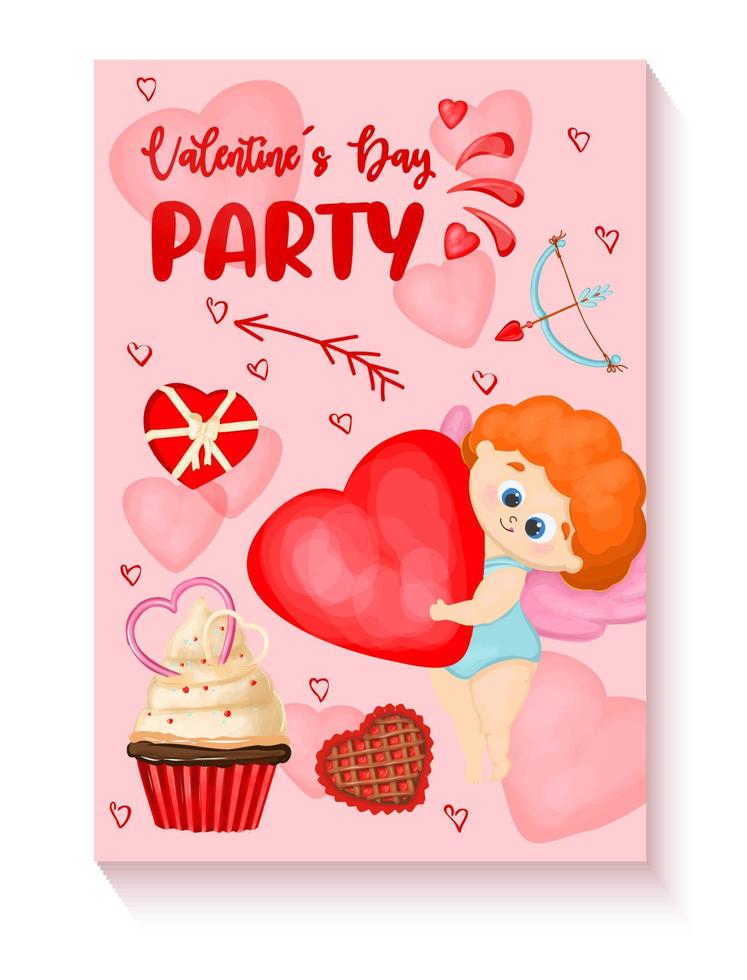 VALENTINE'S DAY PARTY INVITATION POSTER. Vertical banner for St. Valentine's Day. Pink background with hearts and cupid. Cupid is an angel. vector