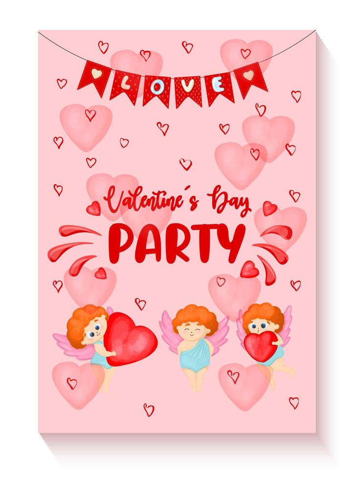 cartel de invitación a la fiesta del día de san valentín. banner vertical para st. día de San Valentín. fondo rosa con corazones y dulces. vector