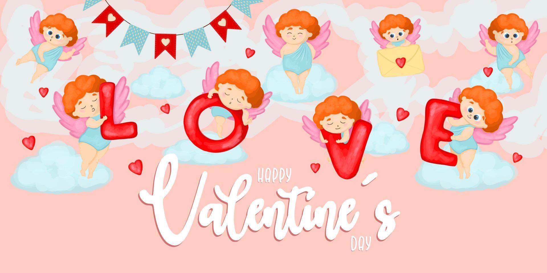 Valentine's day horizontal banner with angels. word love. .Happy love day. vector