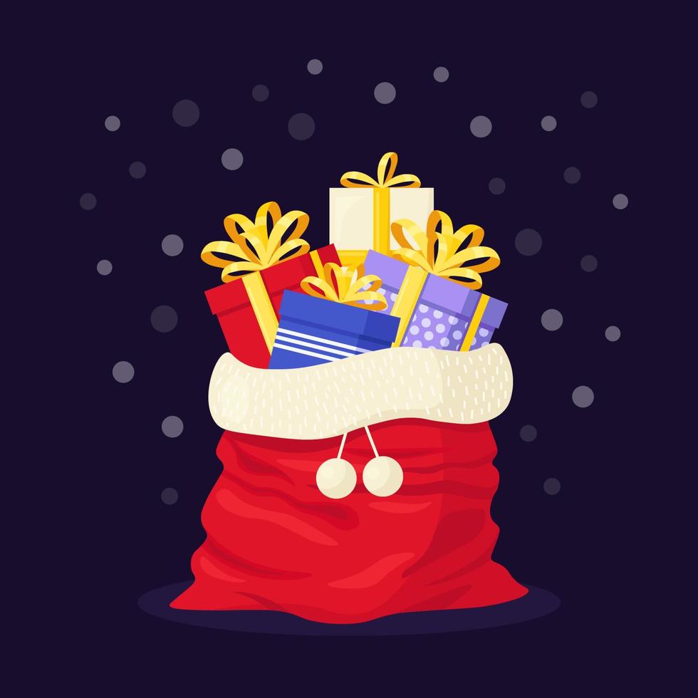 bolsa roja de santa con elementos de regalo para la celebración navideña. saco de santa claus lleno de paquete de regalos. Feliz navidad y próspero año nuevo vector