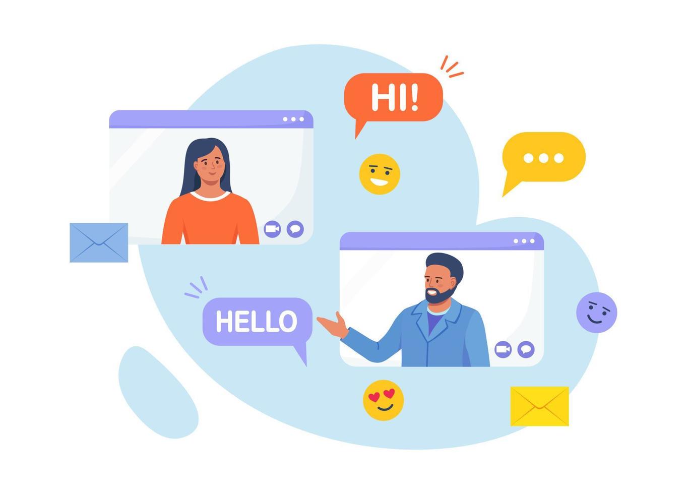 Video call conference and virtual meeting. Dating app and remote relationship. Man at desktop chatting with woman online. Messaging with chat app or social network. Internet conversation, webinar vector