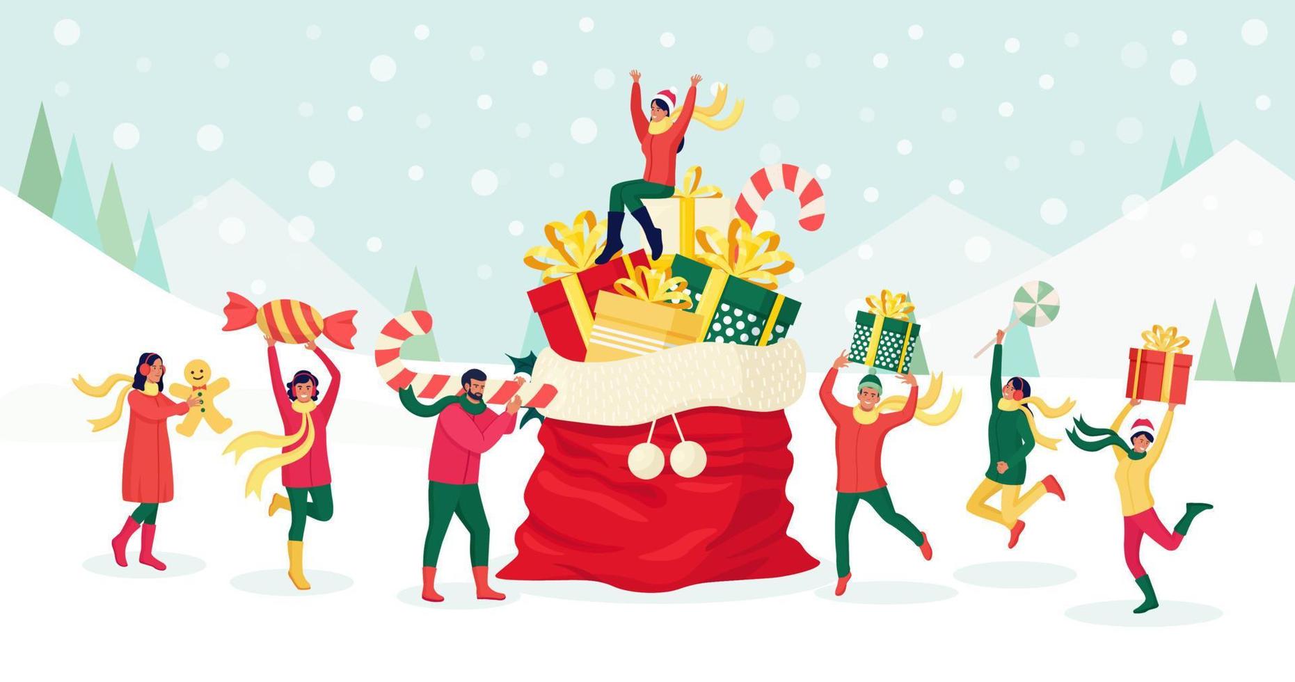 personas diminutas se preparan para la celebración navideña y de año nuevo. los personajes llevan un enorme bastón de caramelo, una caja de regalo, dulces, un hombre de pan de jengibre cerca de un gran saco de santa con un montón de regalos y una decoración festiva vector