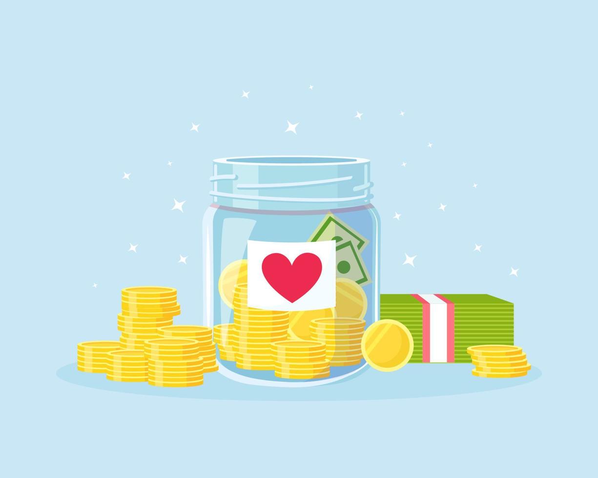 Glass money jar full of gold coins with heart sticker for donate. Saving dollar coin in moneybox. Donation, Volunteers Charity. Growth of income, savings, investment. Business success vector