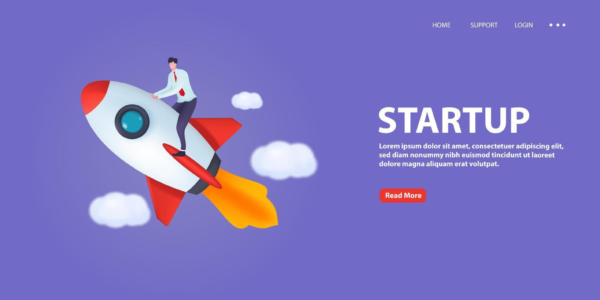 Successful businessman starts sitting on a rocket flying across the sky. Business concept illustration. vector