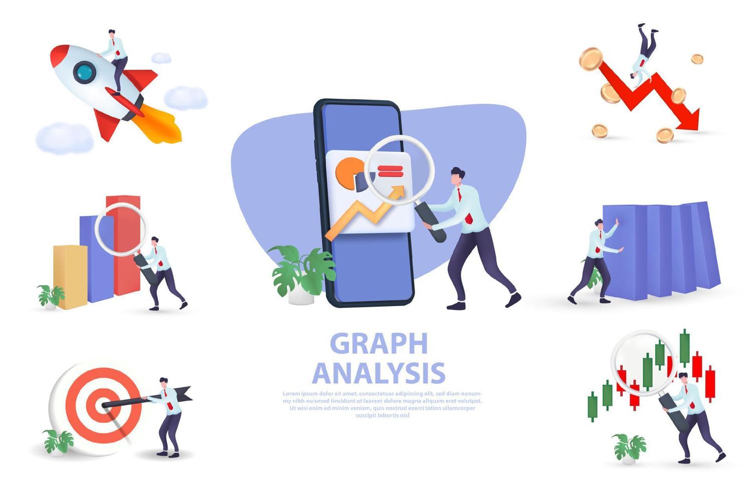3D Set of People interacting with charts and analyzing statistics. Data visualization concept. vector
