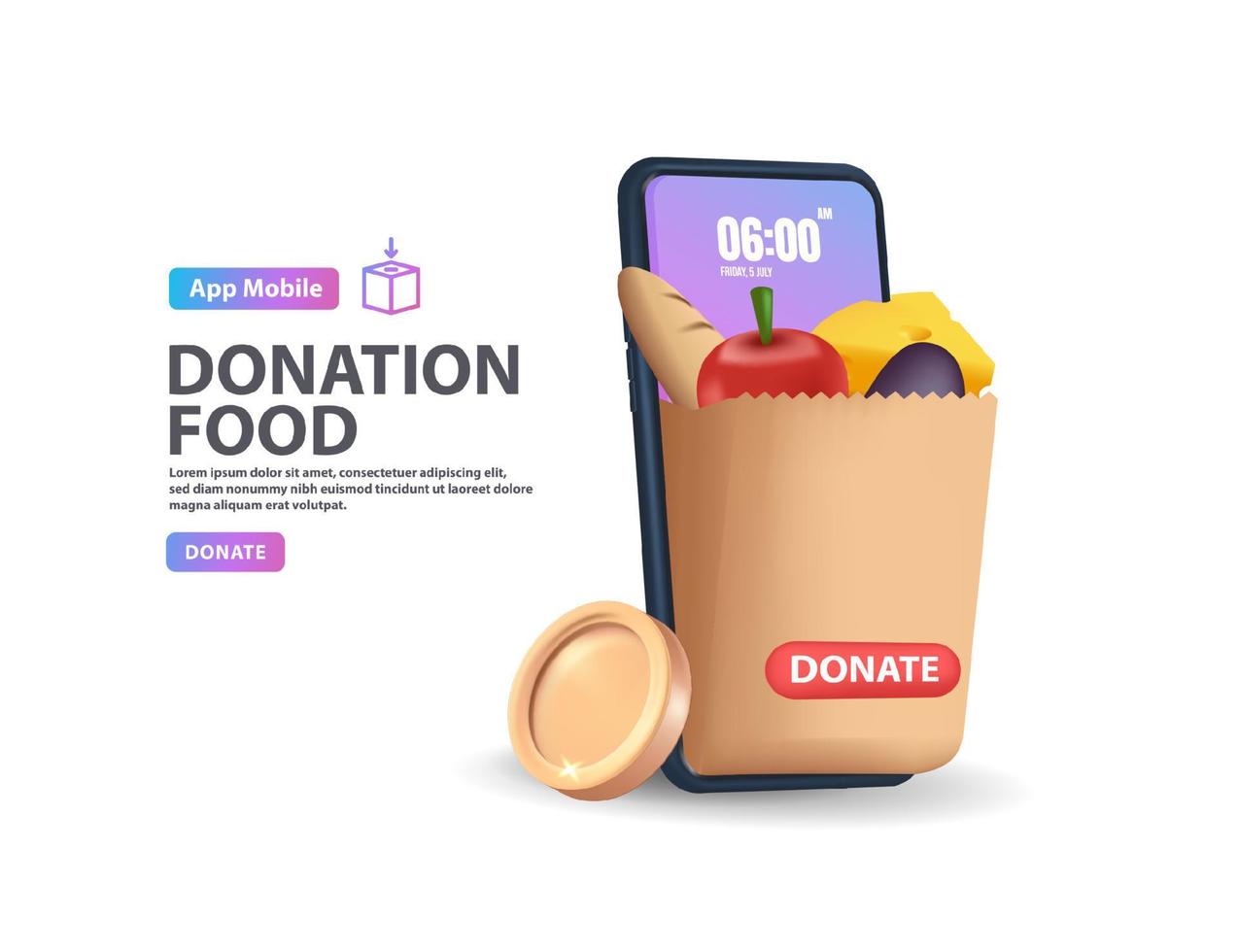 3D food sharing donation with paper bag app on a smartphone, volunteering and charity concept vector