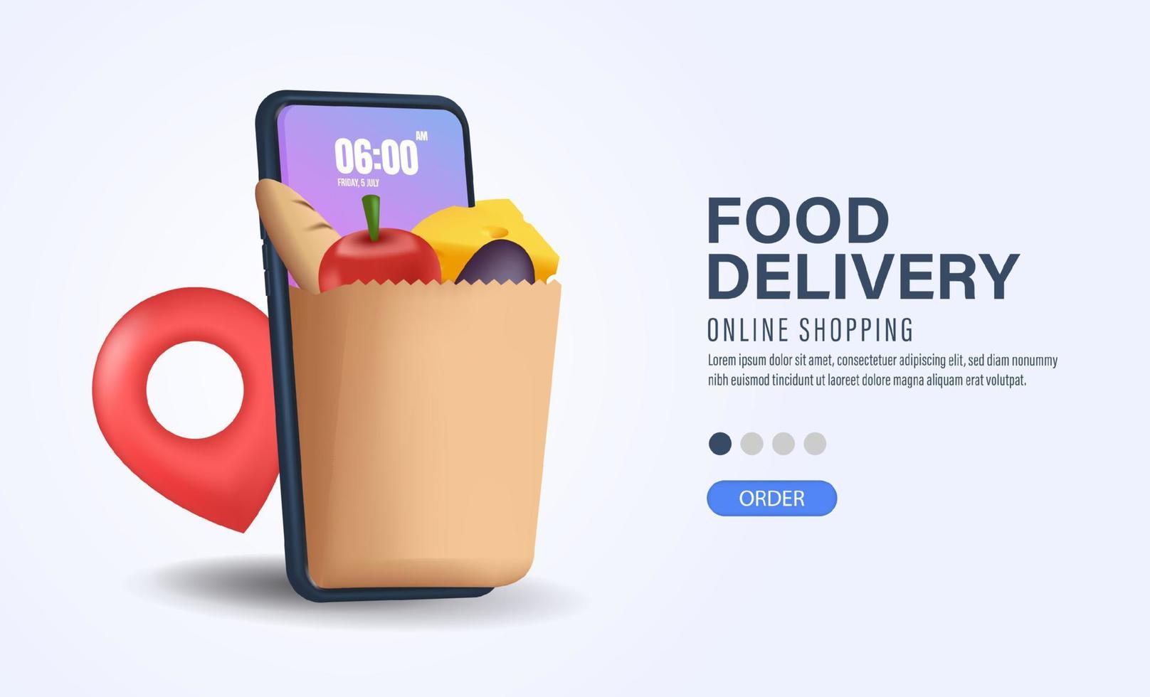 Entrega 3d de compras en línea con un teléfono inteligente con un pequeño papel de supermercado lleno de artículos. vector