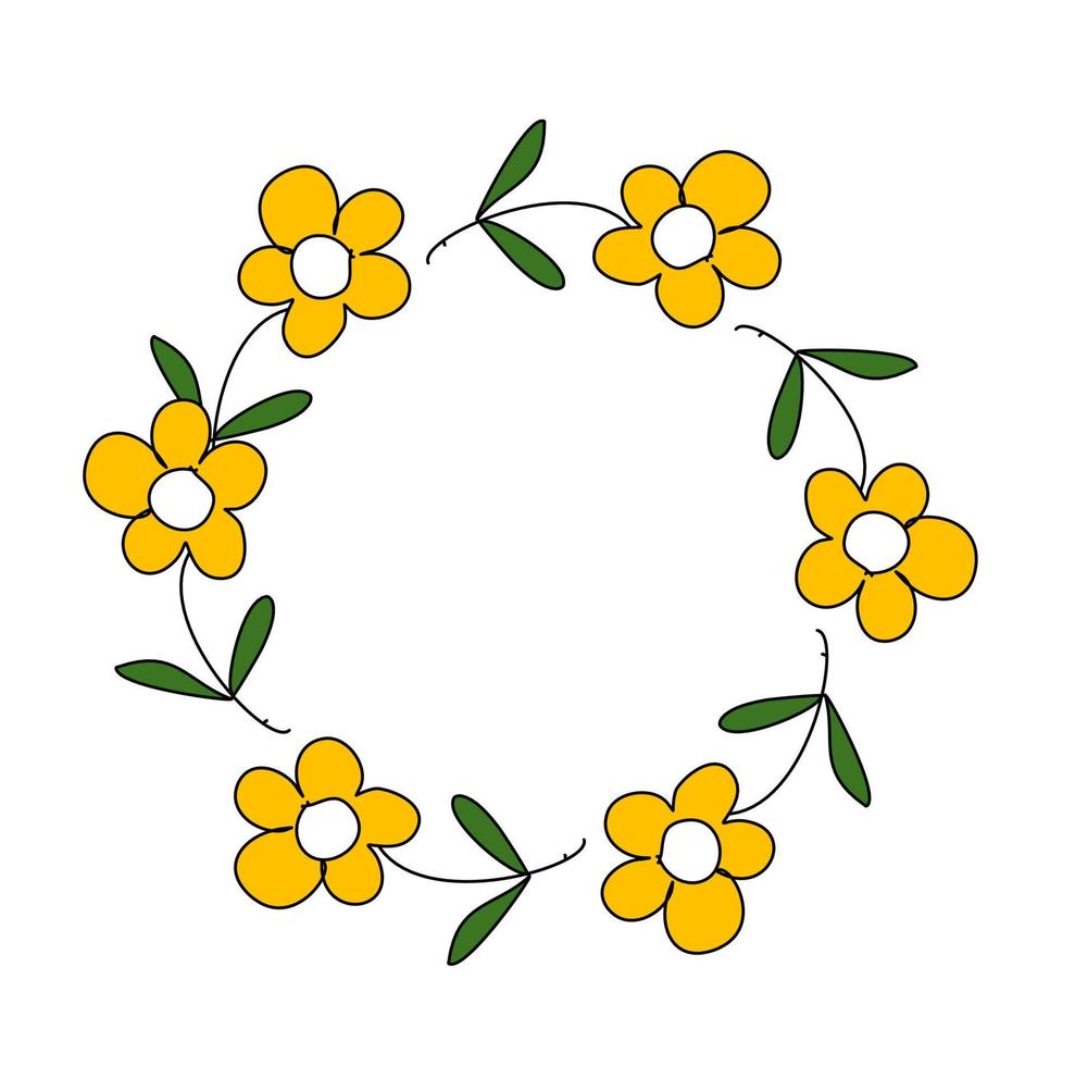 Freehand cute yellow daisy flowers wreath vector