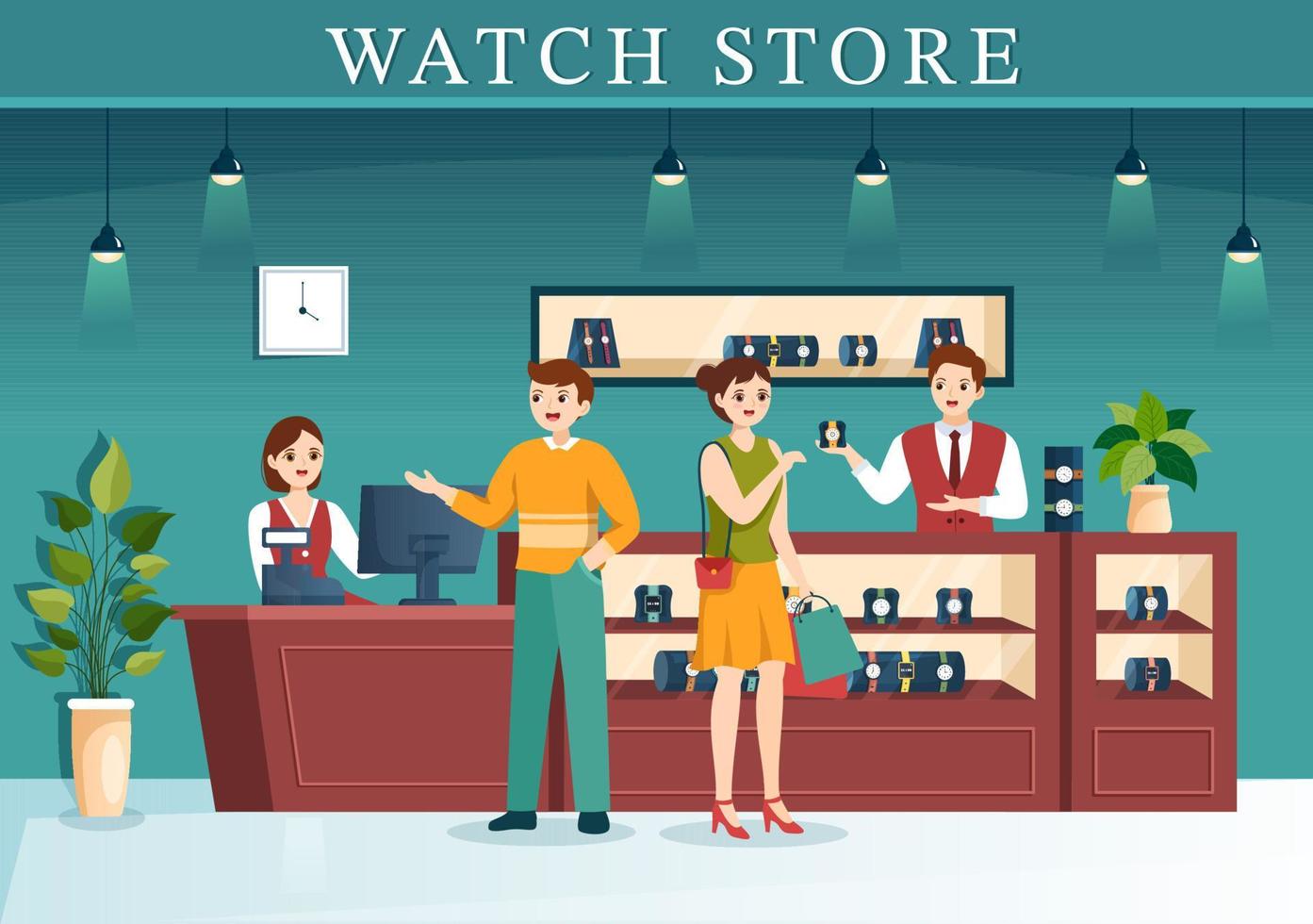 Watches Store with Various Models, Analog and Digital in Flat Cartoon Hand Drawn Templates Illustration vector