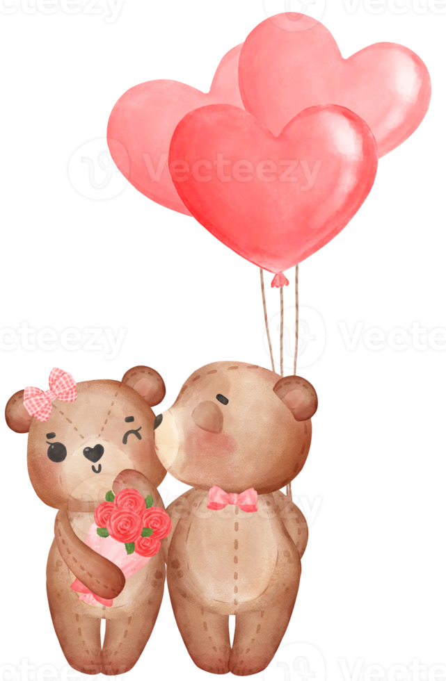 cute two teddy bears Valentine character cartoon watercolour png