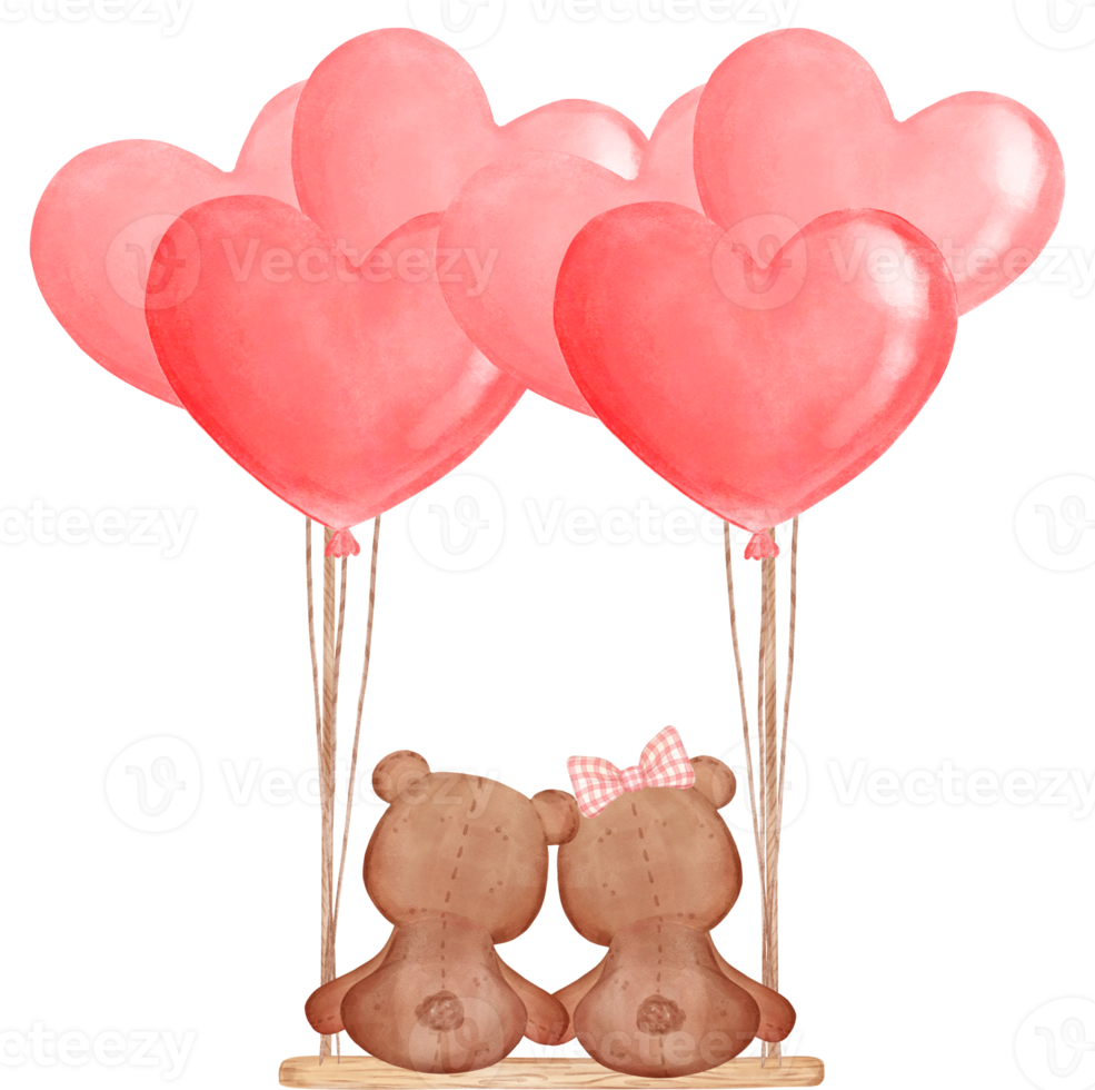 cute two teddy bears Valentine character cartoon watercolour png