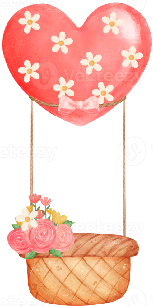 cute Valentine love Heart balloon with wooden basket watercolour cartoon png