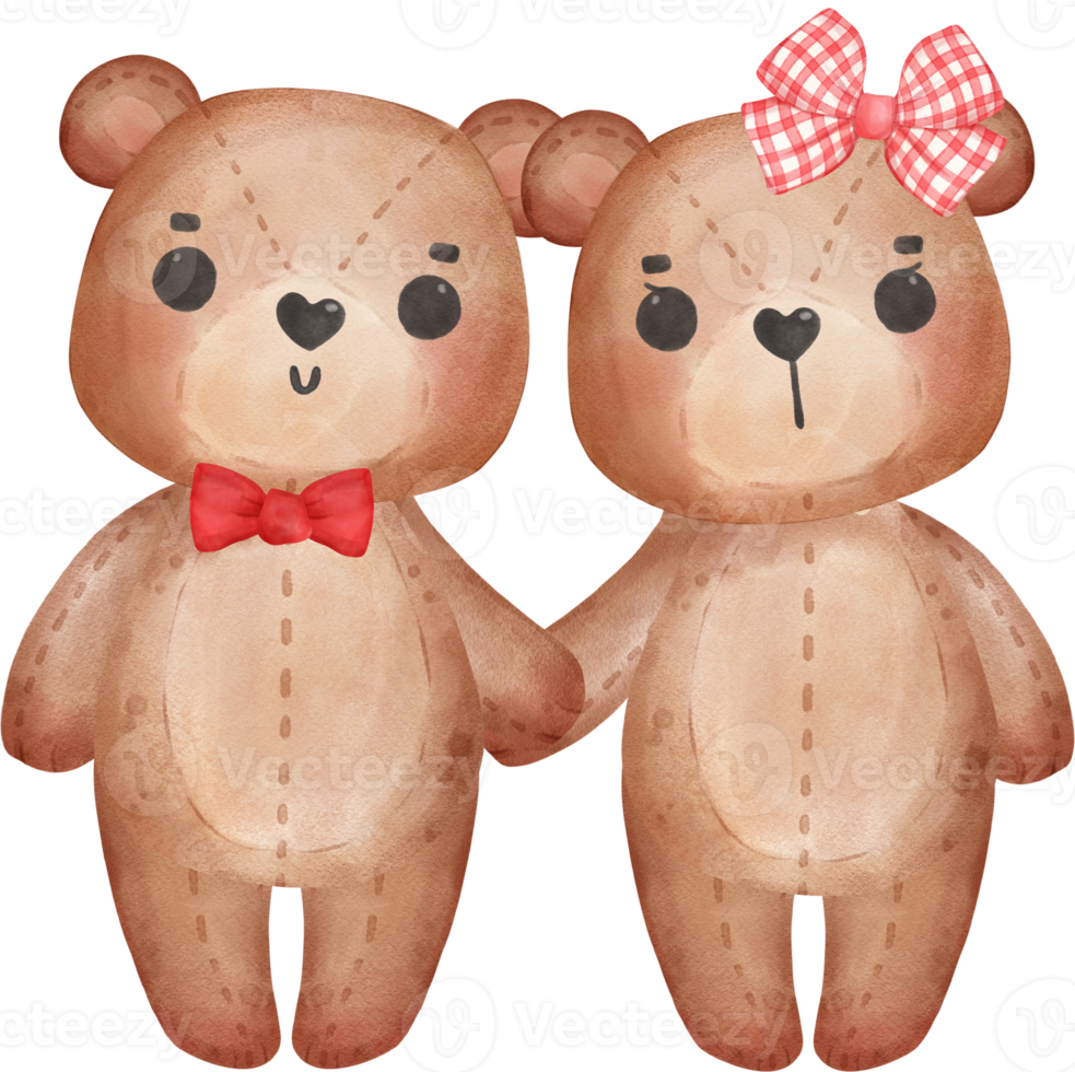 cute two teddy bears Valentine character cartoon watercolour png