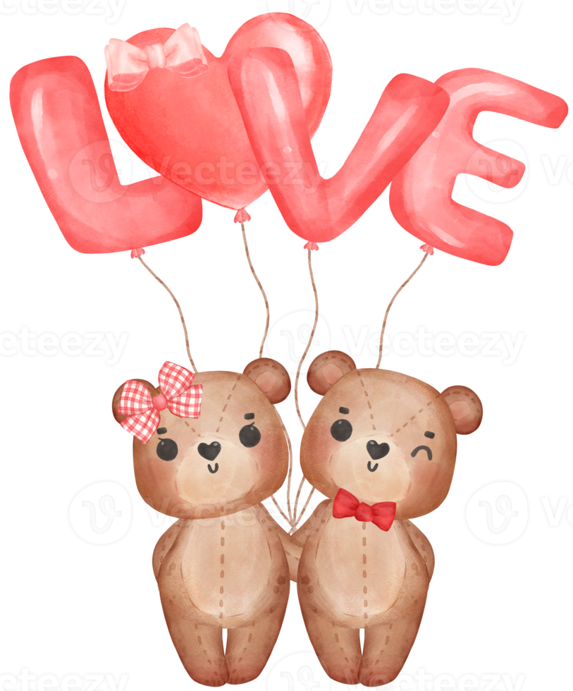 cute two teddy bears Valentine character cartoon watercolour png