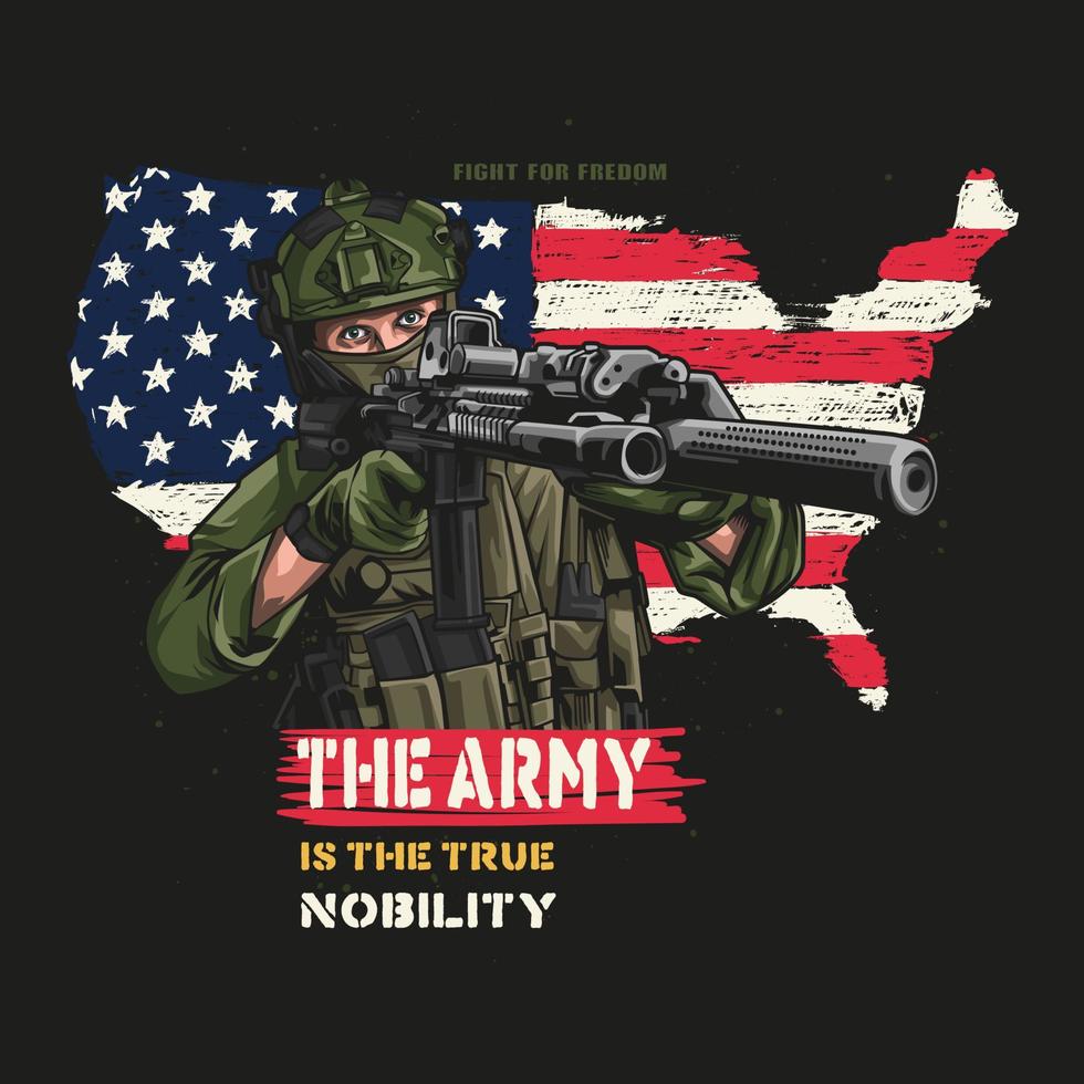 Male soldier holding gun against the USA flag background. Vector illustration