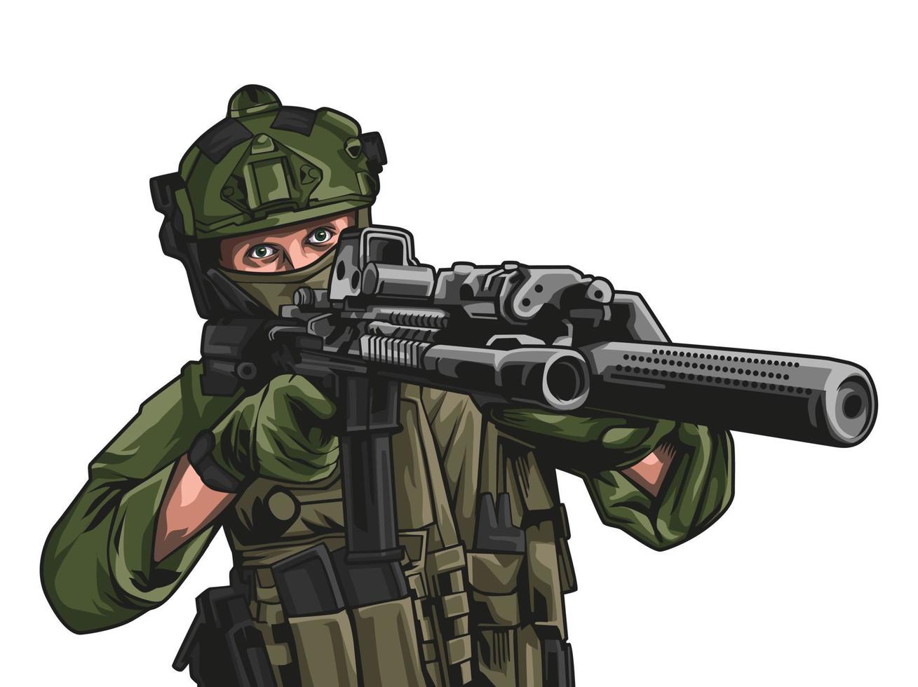 soldado masculino está apuntando su arma hacia adelante. Ilustración de vector de patriotismo