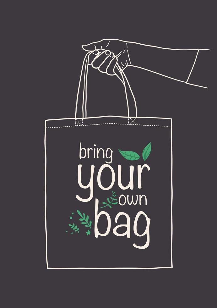 Bring your own bag poster. Zero waste vector illustration with hand