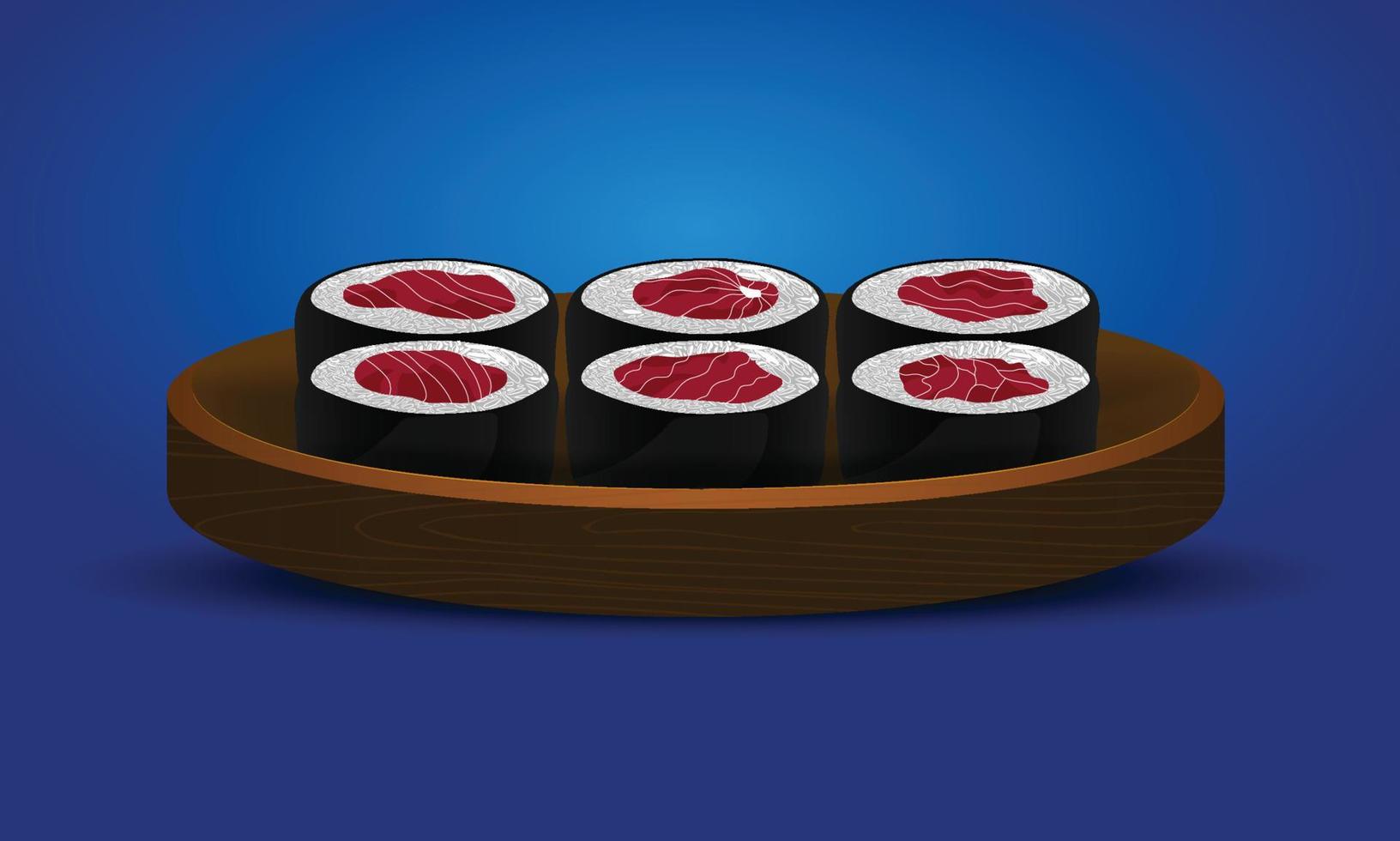 Asian food sushi in wooden plate vector