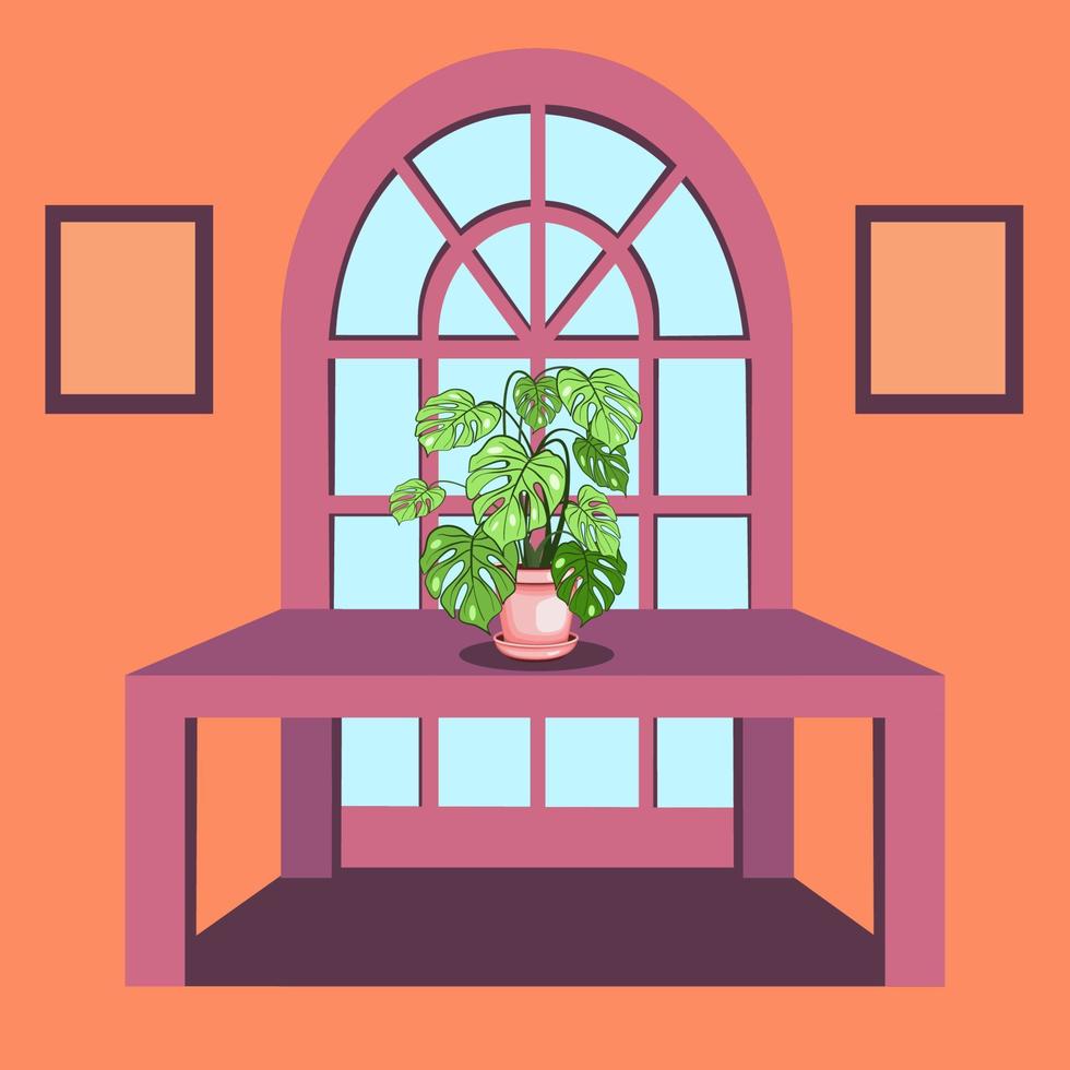 Room with a window, a table and monstera in a ceramic pot vector