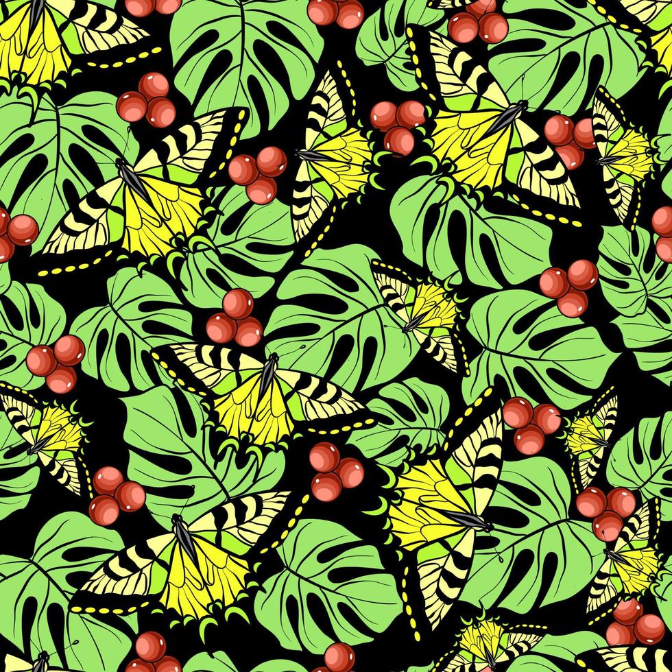 Seamless floral pattern with tiger swallowtail butterflies and monstera leaves with holly berries vector