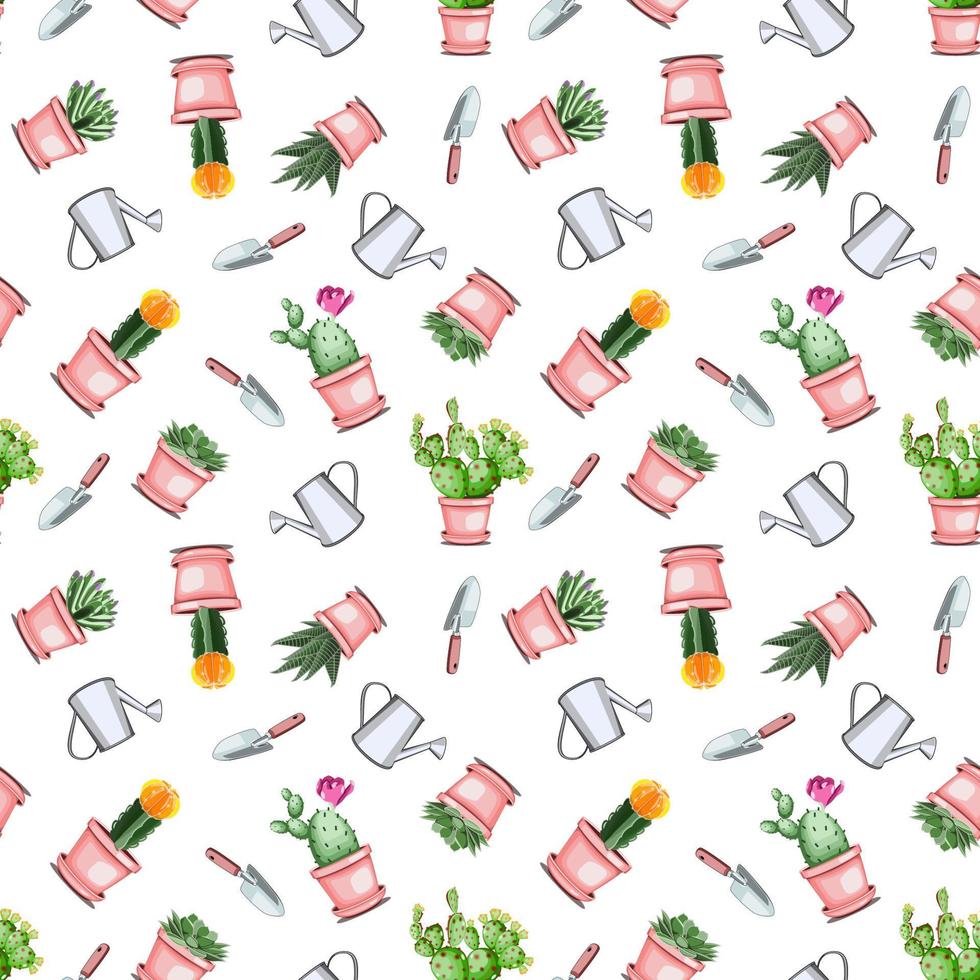 Seamless floral pattern with cactuses, succulents, and garden equipment vector