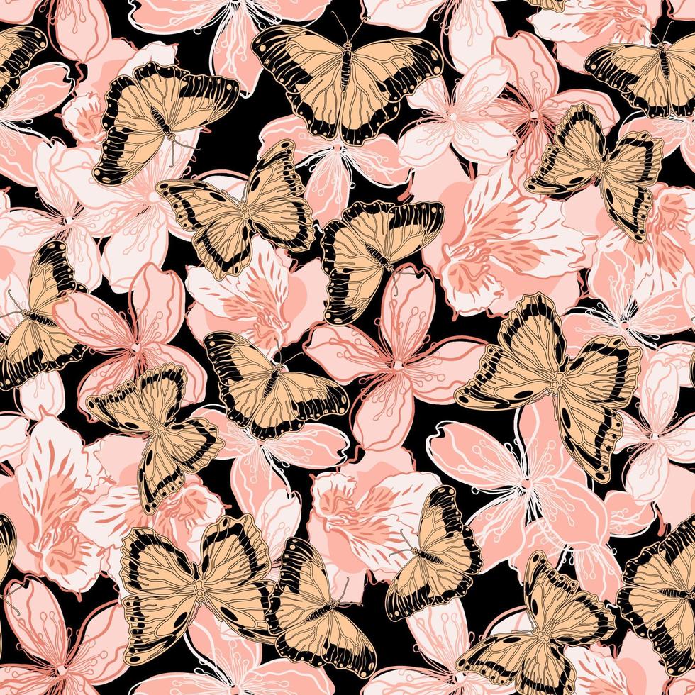 patrón floral transparente con mariposas y flores de alstroemeria vector