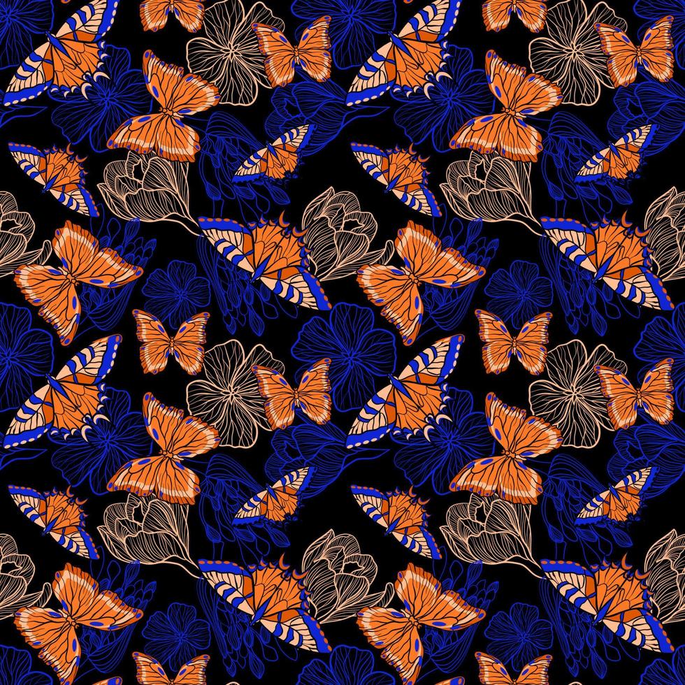 Seamless floral pattern with orange butterflies and blue flowers in doodle technique vector