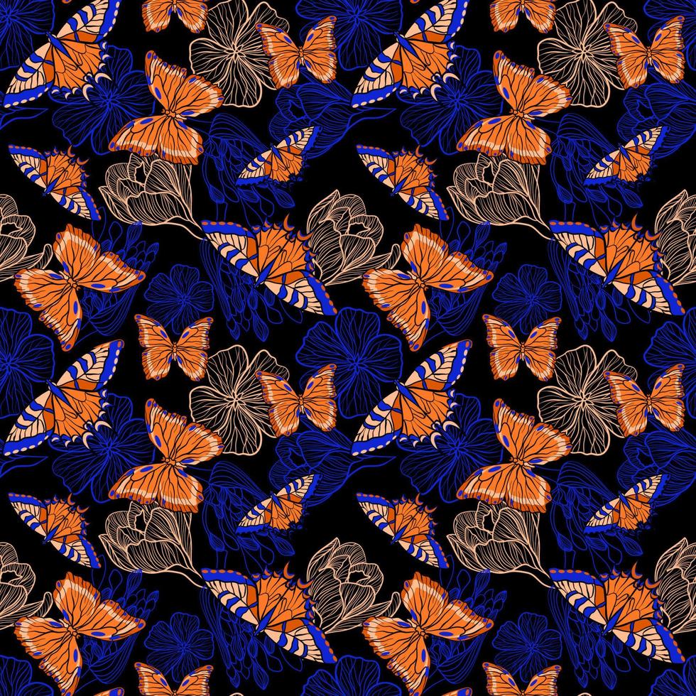 patrón floral transparente con mariposas naranjas y flores azules en la técnica del garabato vector