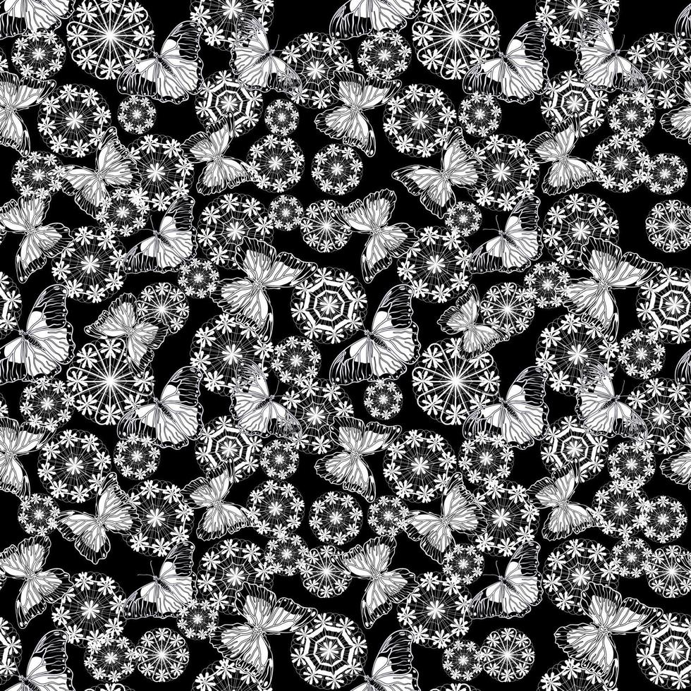 patrones sin fisuras con mariposas y copos de nieve en técnica de garabatos vector