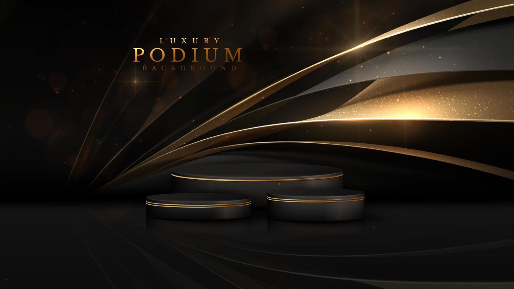 Black luxury background. Product display podium with golden curve line decoration and glitter light effect elements and stars with bokeh. vector