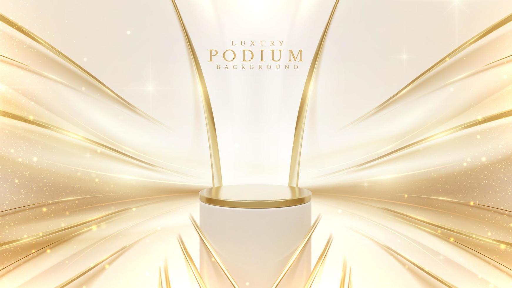 Product display podium with golden curve line element and glitter light effects decorations and bokeh. 3d realistic luxury background. Vector illustration.